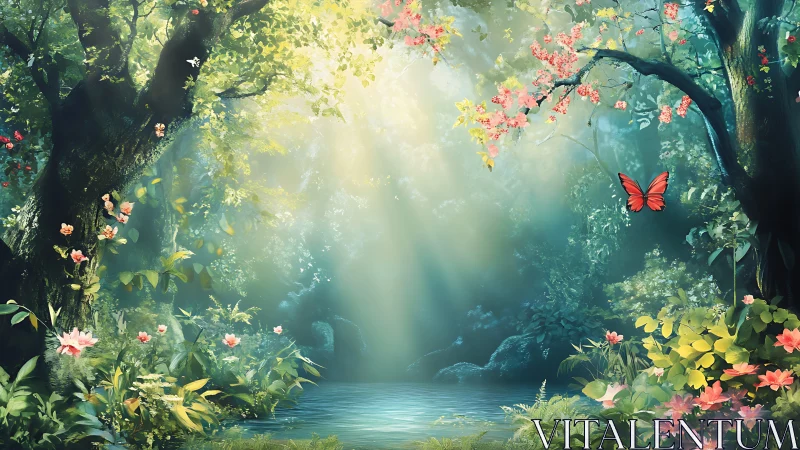 Enchanted forest clearing with vibrant flowers and red butterfly