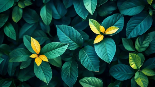 Green foliage with isolated yellow leaf clusters in focus.