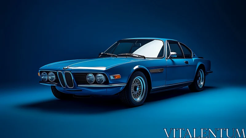 Sleek vintage blue coupe shines under rich studio lights
