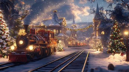 Steam locomotive crossing snowy Christmas village at dusk