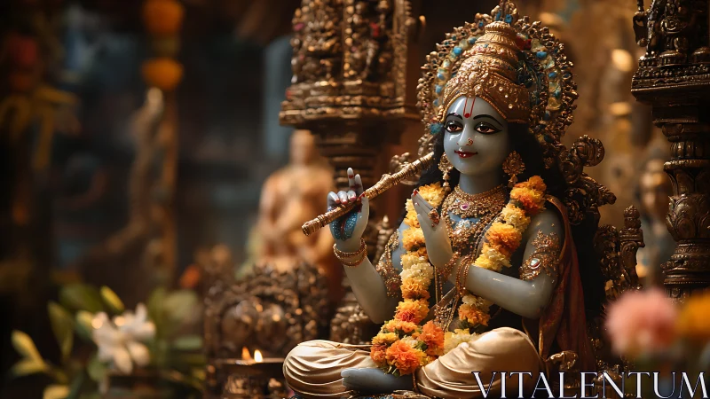 Divine blue deity in garlands, cradled by temple glow.