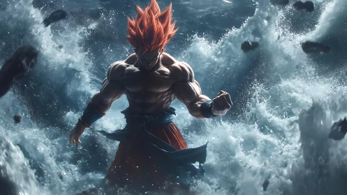 Storm-empowered warrior amid crashing cosmic waves.