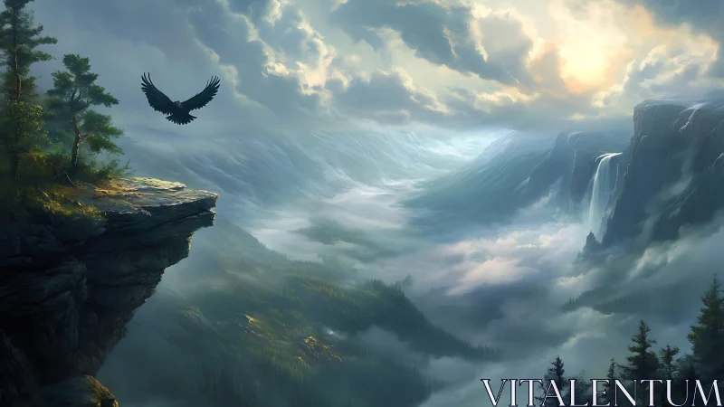 Eagle over misty canyon with luminous sky and waterfall.