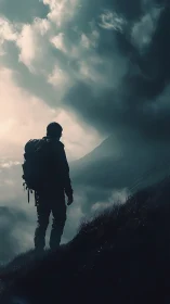 Lone hiker silhouette under storm-lit mountain sky.