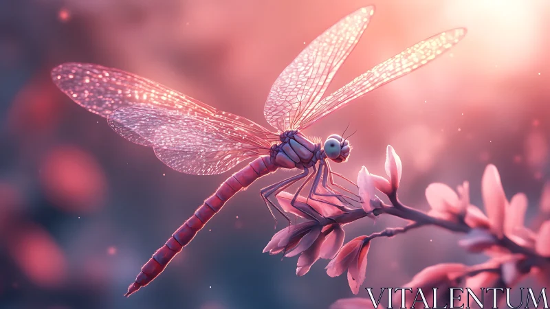 Dragonfly daydream in glowing pink sunset light.