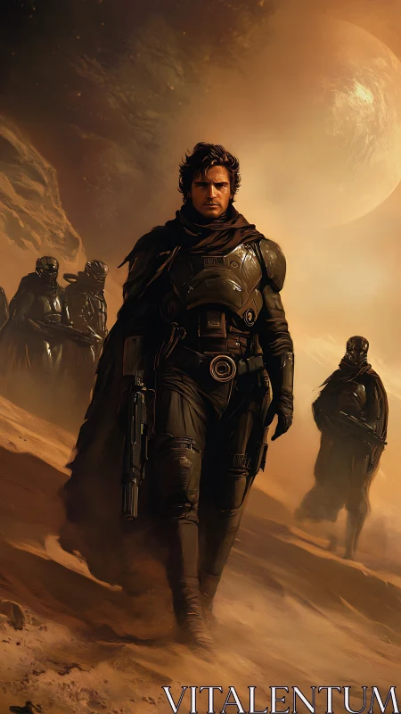 Starlit desert warrior strides through burning dune winds.