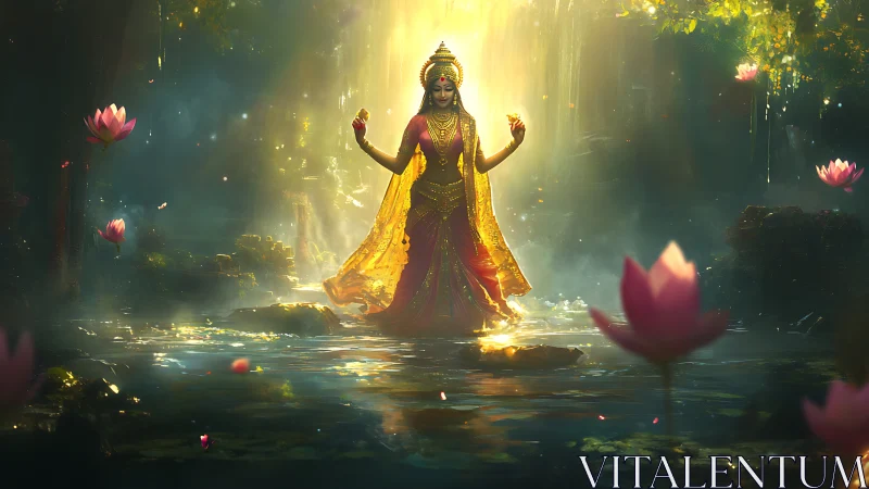 Golden goddess figure standing in glowing lotus water scene.