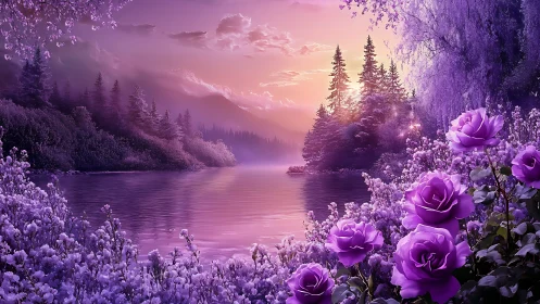 Twilight lake wrapped in violet blooms and soft mountain light.