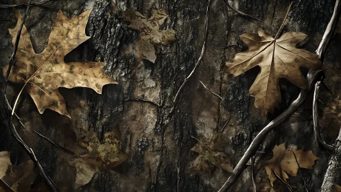 Autumn oak leaves rest against rugged textured bark surface.