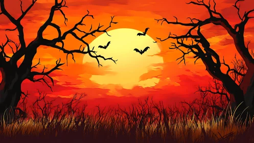 High-contrast sunset silhouette with barren trees and bats