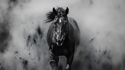 Midnight horse charging through swirling silver mist.