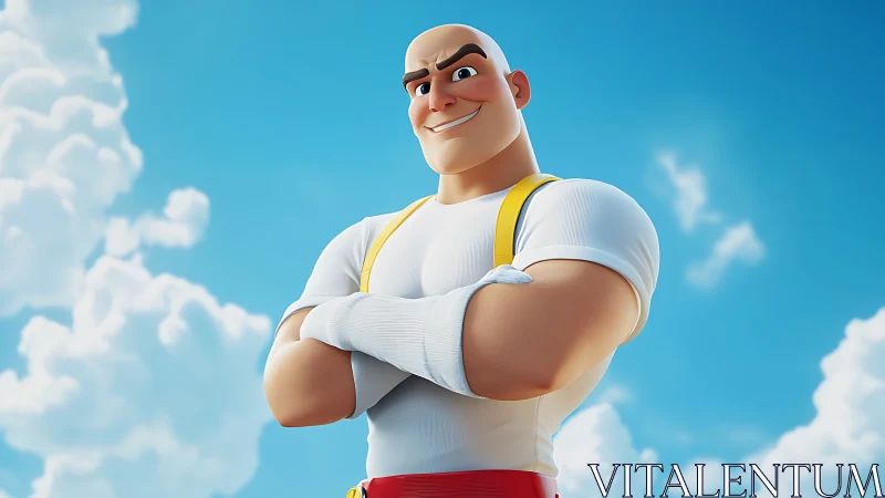 Confident Cartoon Hero Smiling Beneath Bright Blue Skies.