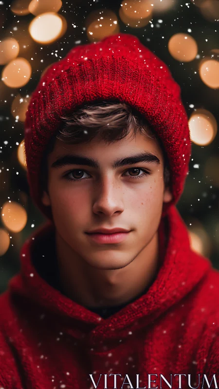 Teen boy in red knit hat and hoodie facing camera outdoors