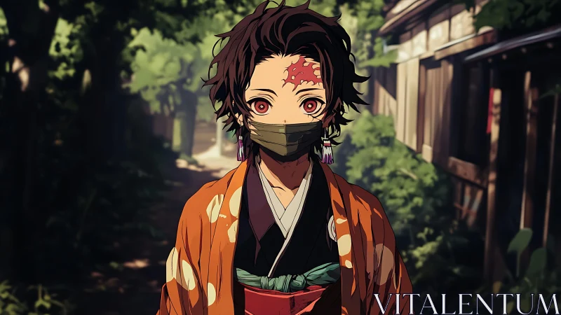 Masked anime wanderer stands in dappled forest sunlight