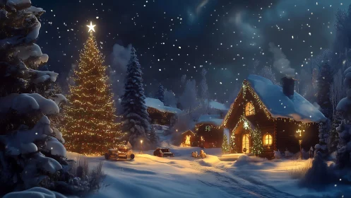 Winter cabin under glowing Christmas tree lights at night.