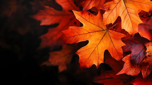 Macro study of autumn maple leaves with directional side lighting