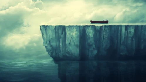 Red canoe on sheer sea cliff above reflective still water