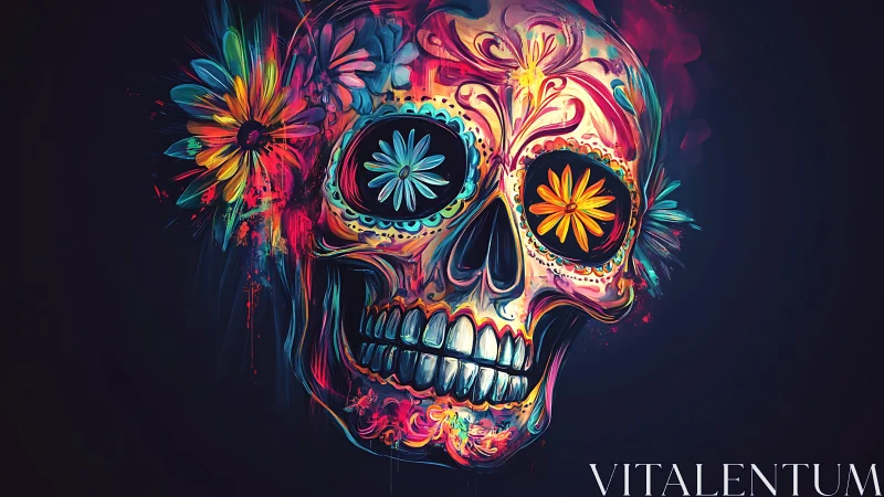 Colorful sugar skull illustration with floral eye sockets.