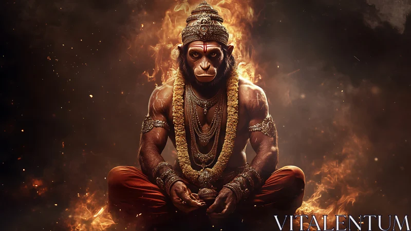 Fiery monkey warrior meditates in glowing sacred stillness.
