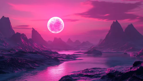 Neon moonrise over crystalline alien fjord in magenta hush.