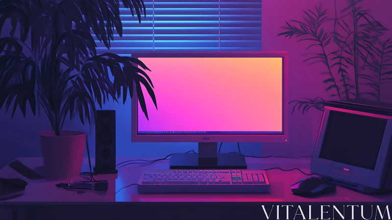 Desktop workstation under colored gradient monitor light.