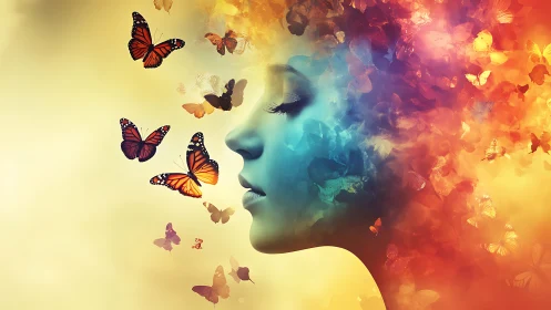 Profile silhouette in colorful butterfly cloud artwork.
