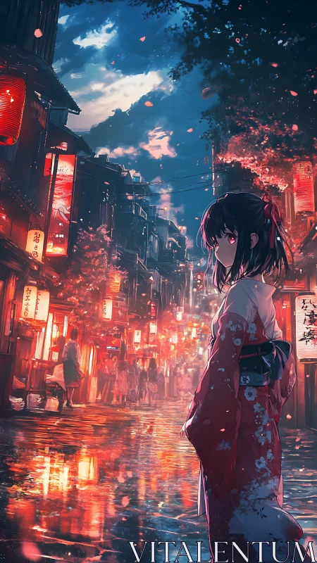 Kimono girl walks through neon-lit rainy festival street at dusk.