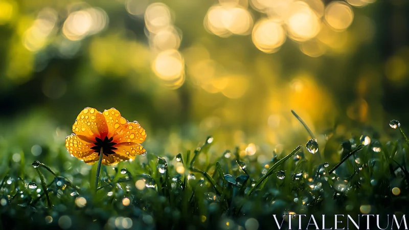 Macro depiction of dew-laden yellow flower in luminous bokeh field