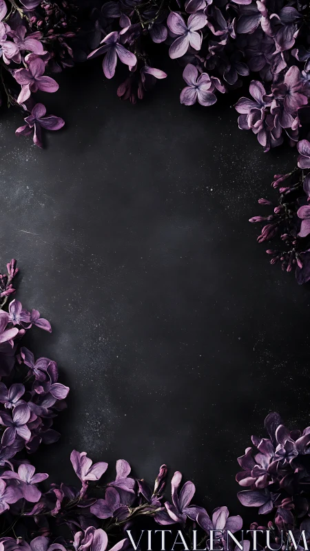 Purple Lilac Flowers Framing Dark Textured Background.