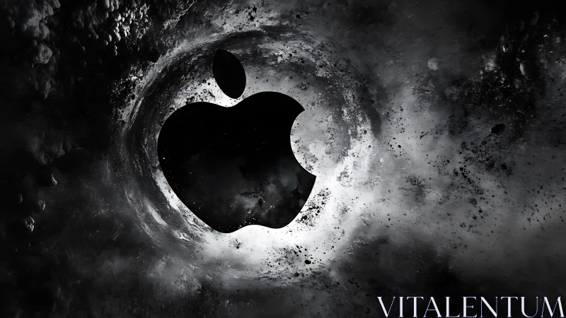 Cosmic Apple emblem swirling in monochrome nebula storm.
