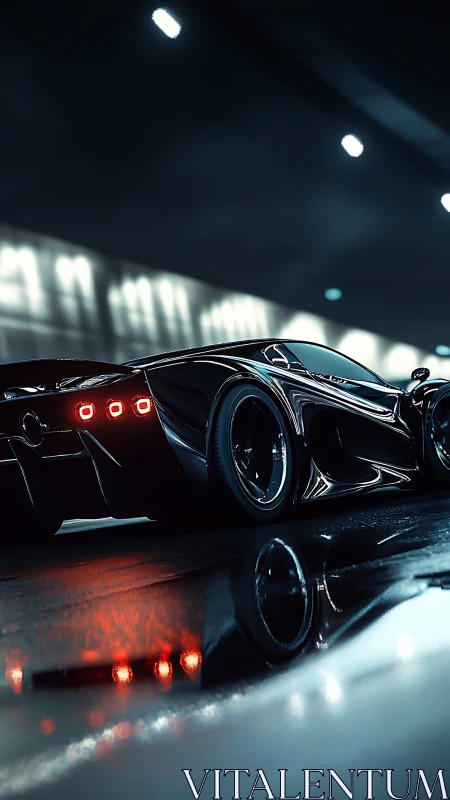 Futuristic black supercar in wet night tunnel scene.