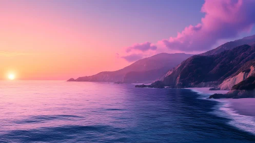 Coastal headland with sun over calm ocean at dusk.