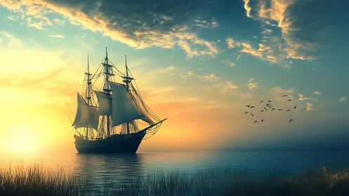 Tall ship silhouette against calm golden sunrise horizon.
