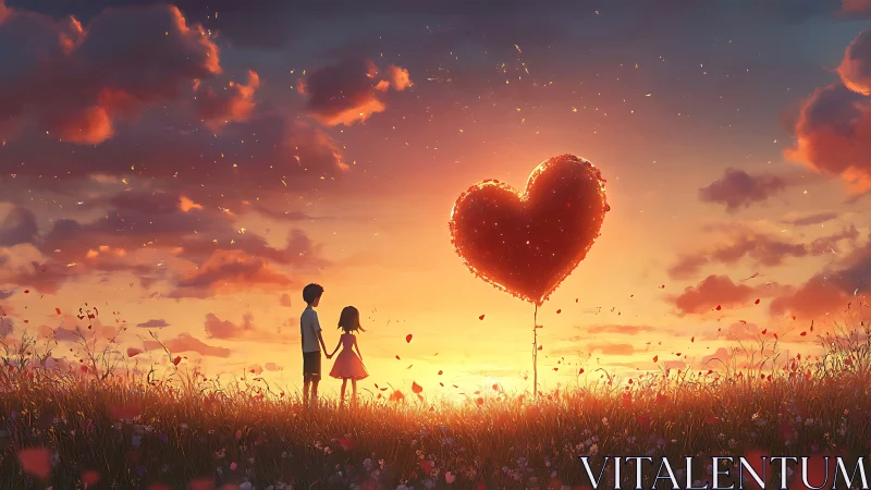 Two figures hold hands beneath giant heart-shaped balloon in golden sunset field.