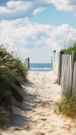 Narrow sandy dune path with weathered fence leading to calm sea