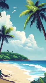 Tropical Beach Scene with Palm Trees and Cumulus Clouds