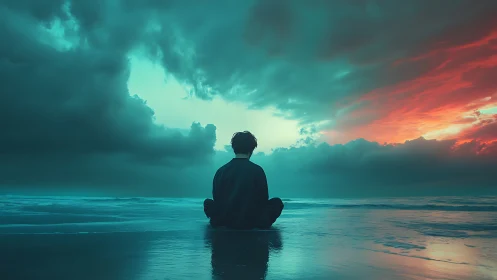 Solitary figure seated on reflective shoreline at dusk.