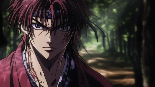 Fierce red haired warrior walking a shadowed forest path.