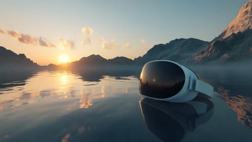 Immersive VR headset adrift on reflective alpine lake at dawn.