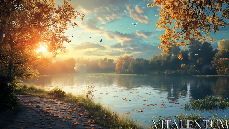 Sunlit autumn lakeside landscape shows calm reflective water