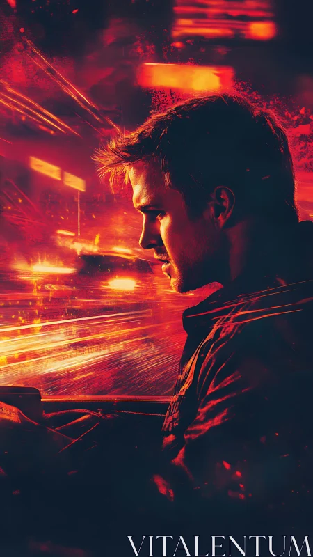 Driver profile framed by blazing urban light trails