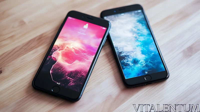 Paired smartphones glowing with bright, dreamy lock screens.