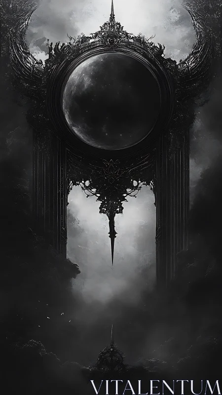 Central dark celestial disc is framed by ornate structures