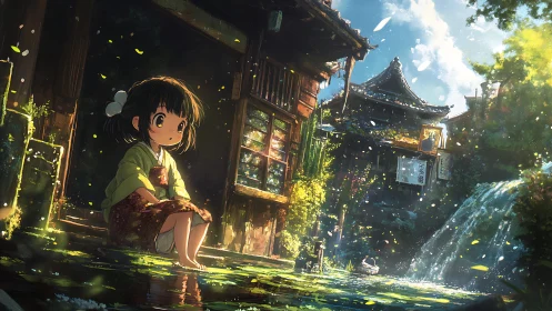 Girl in kimono watches riverside village waterfall glow