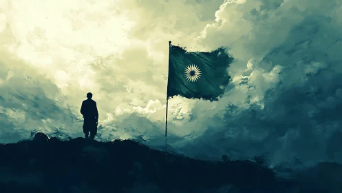 Solitary figure observes stylized flag under turbulent cloudscape