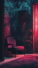 Velvet armchair in neon doorway glow, moody interior stillness.