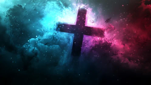 Nebula-cross erupts in electric blue and crimson reverence.