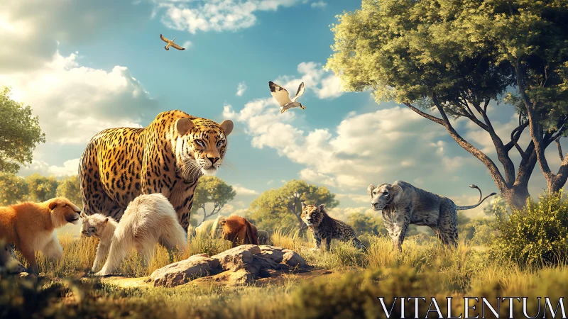 Leopard presides over diverse wildlife gathering in golden savanna.