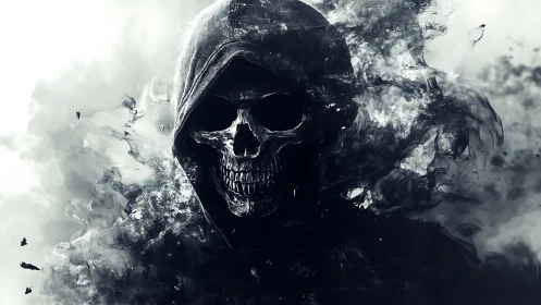 Hooded skeletal figure emerging from swirling dark smoke.