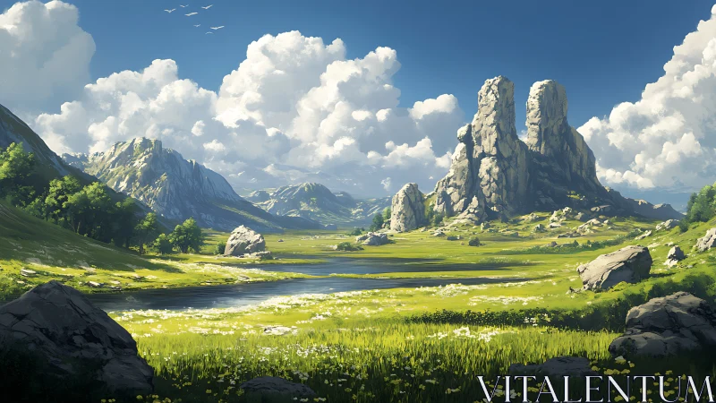 Sunlit twin spires above tranquil alpine flower valley.